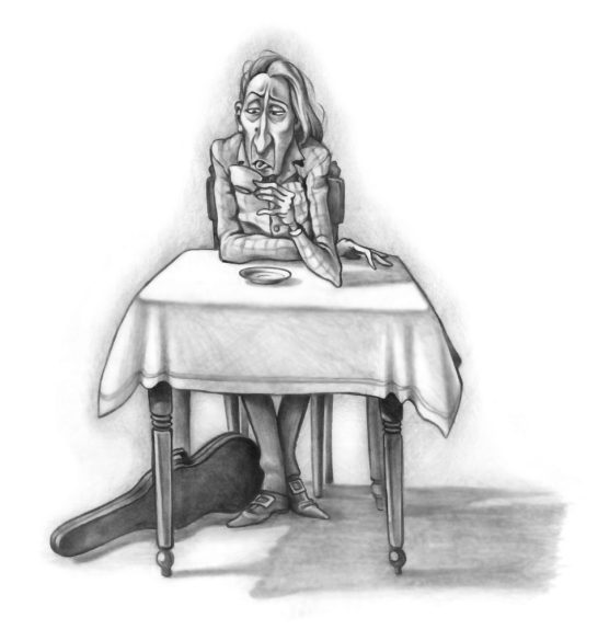 Zu Tisch Eine traurige Person sitzt an einem Tisch mit einer Gitarre daneben und starrt gedankenverloren.