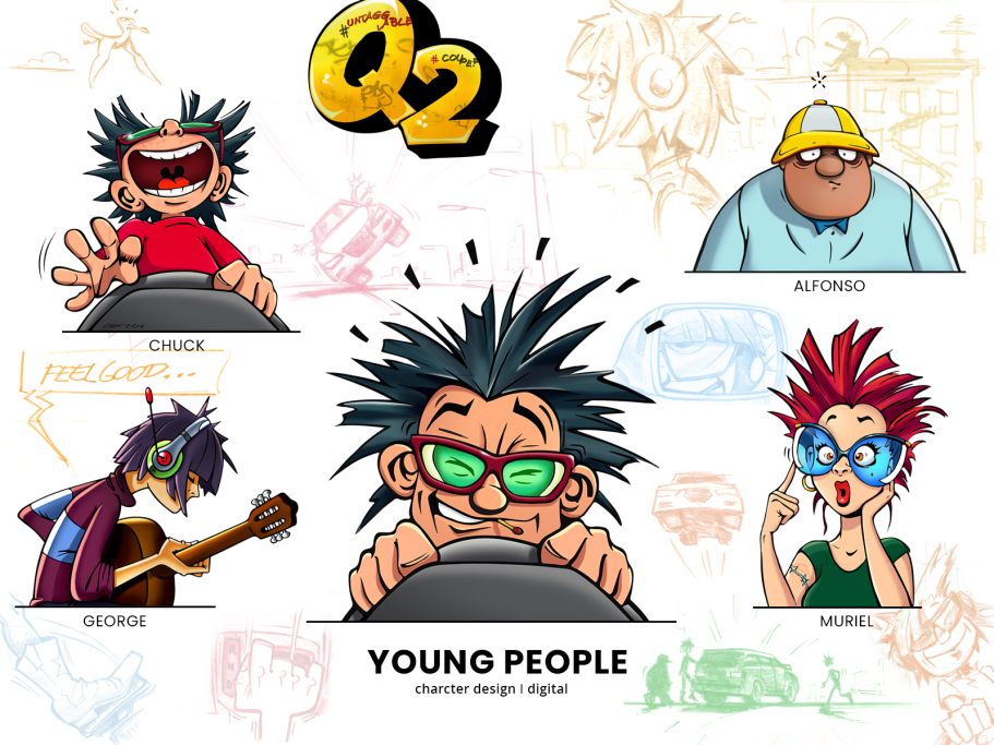 Young People I Audi AG Fünf cartoonhafte junge Menschen in verschiedenen Outfits und Posen.