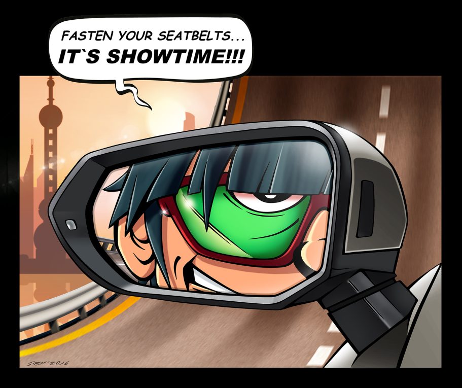 Comic-style character in a side mirror, saying "Fasten your seatbelts... It's showtime!"