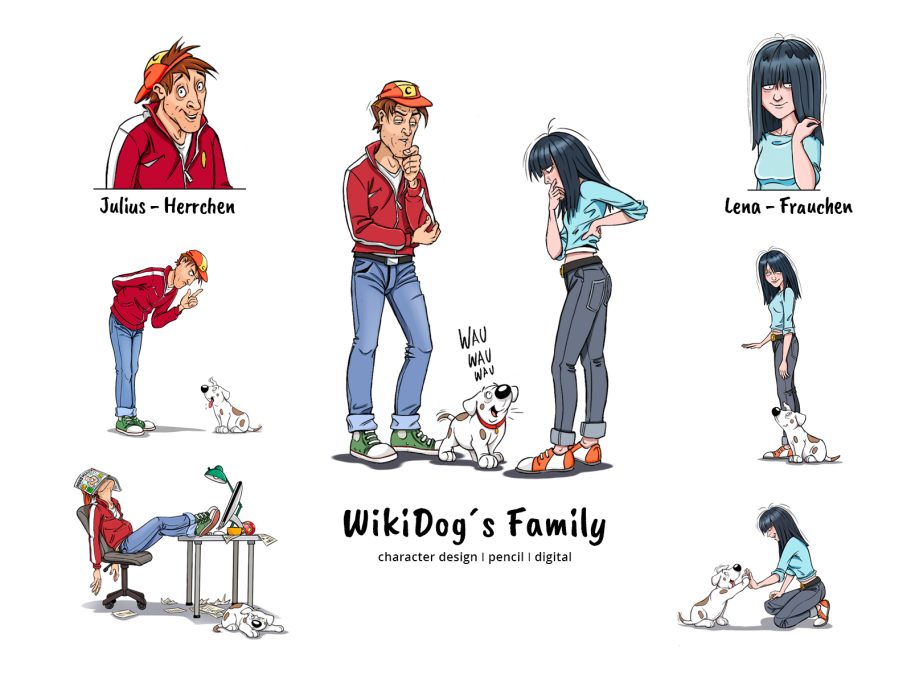 WikiDog Family I Hunde App Charaktere aus "WikiDog's Family" mit Hund in verschiedenen Szenen und Posen.