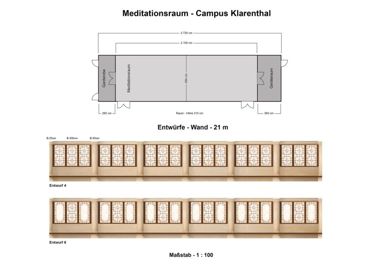 Planzeichnung eines Moduls mit Türen und Fenstern, maßstabsgerecht dargestellt.