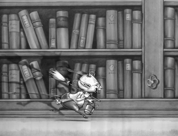 Der Putzteufel Ein Cartoon-Maus, die mit einem Buch zwischen Regalen voller Bücher spielt.