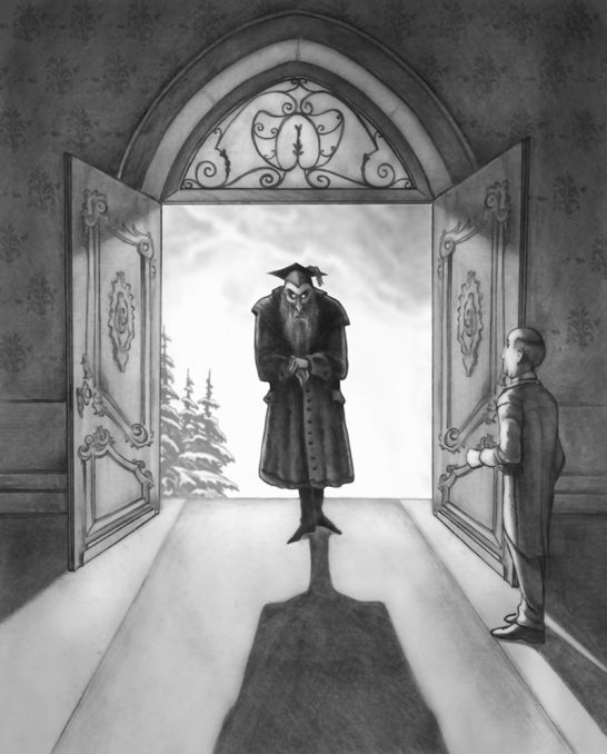 Der Besucher Ein geheimnisvoller Mann in einem langen Mantel steht in einer offenen Tür.