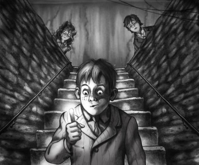 Die dunkle Treppe Junge auf einer Treppe, schaut verwundert auf einen Zettel; zwei Schatten beobachten ihn.