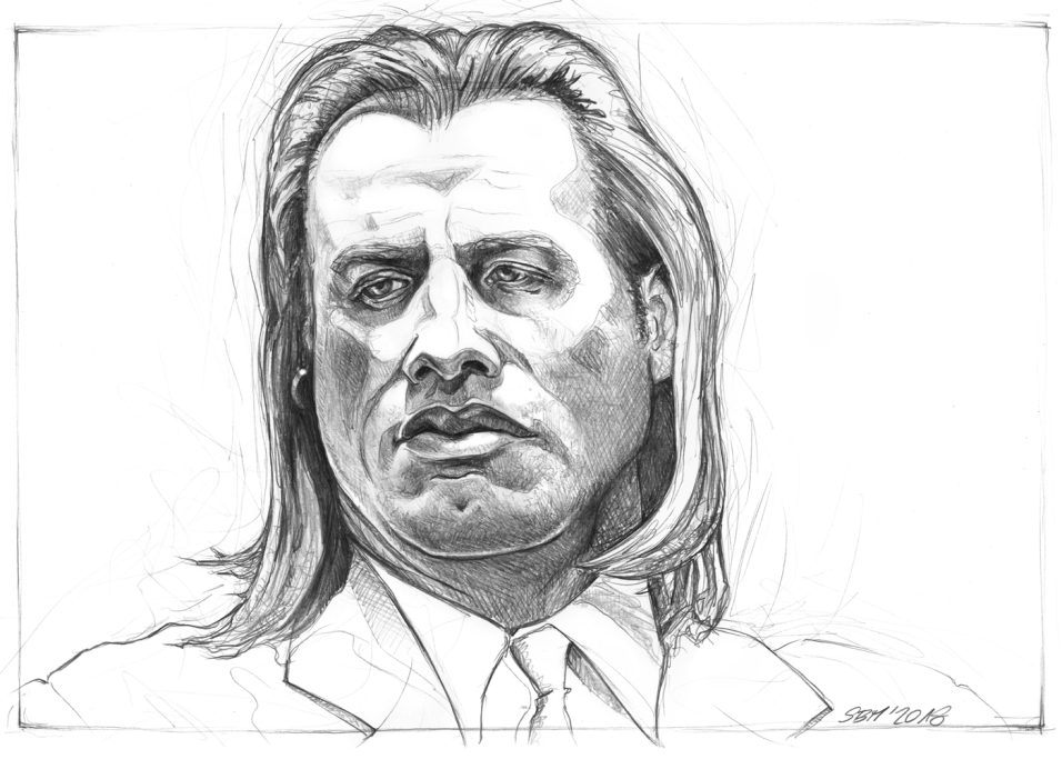 John Travolta - 2018, Pencil Porträt eines Mannes mit langen Haaren und einem nachdenklichen Gesichtsausdruck.
