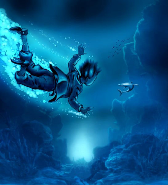 In der Tiefe Ein Junge schwimmt unter Wasser in einem leuchtend blauen, tiefen Ozean.