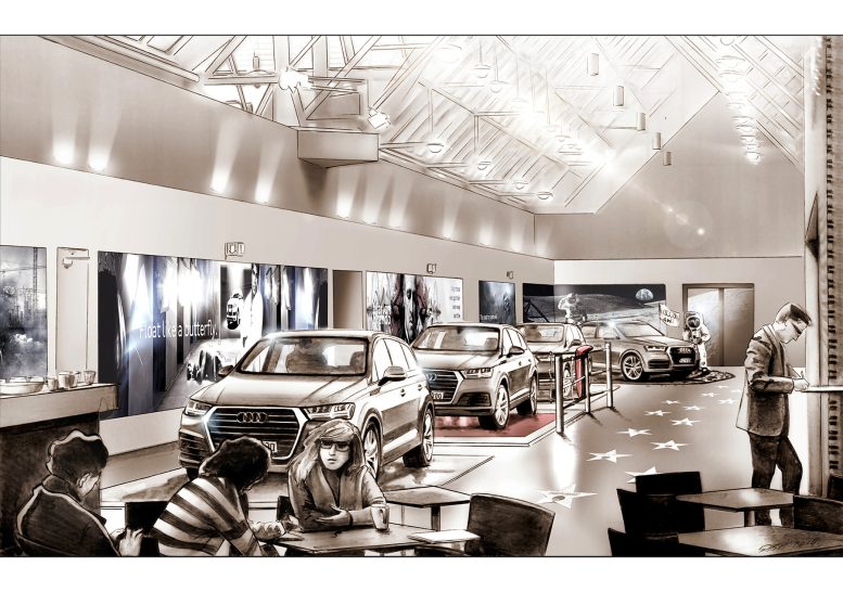 Moderne Autoshow mit mehreren Fahrzeugen und Besuchern in einer hellen Ausstellungshalle.