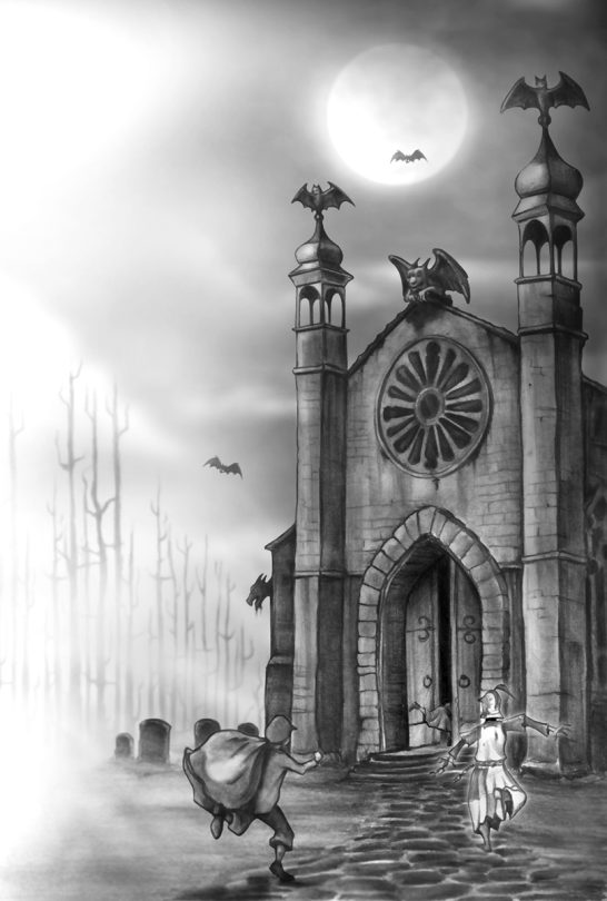 Die Kirche Düstere Kirche mit Drachen, Mondlicht und nebliger Atmosphäre, im Vordergrund Figuren.