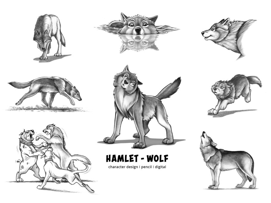 HAMLET Wolf I Das Wilde Pack Skizzen von Wölfen und einem Hund, darunter der Schriftzug "Hamlet - Wolf".