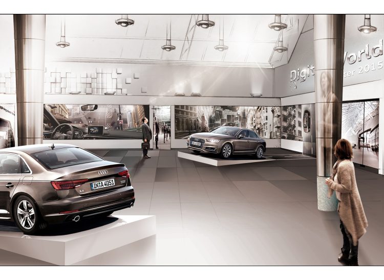 Moderne Autoausstellung mit zwei Autos auf Podesten und Besuchern im Raum.