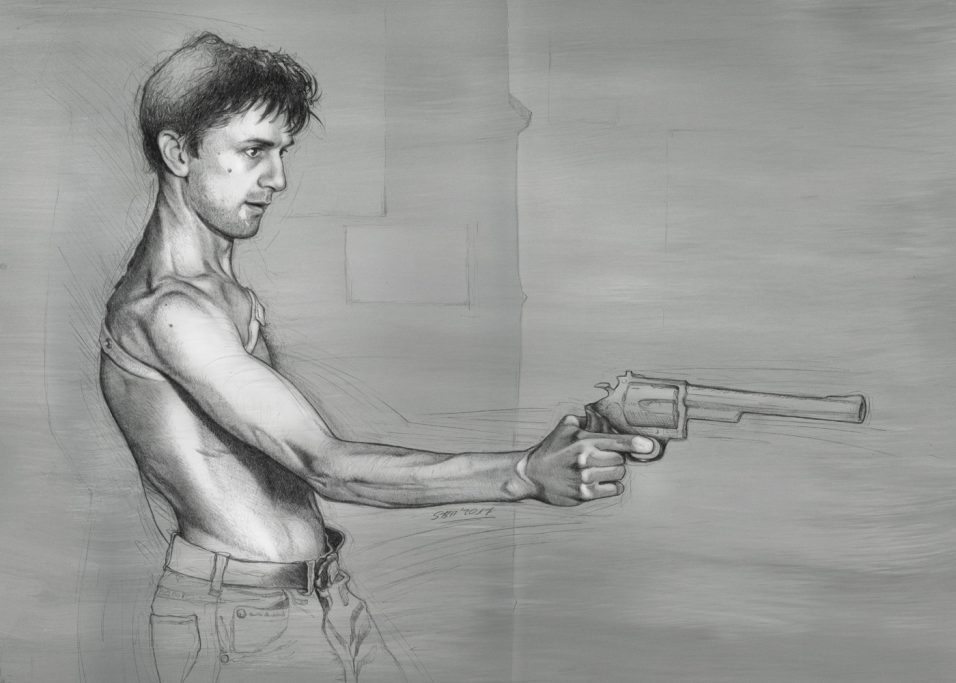 Robert DeNiro - 2017, pencil, acrylic, digital Junger Mann in einer grauen Umgebung, hält eine Waffe in der Hand.