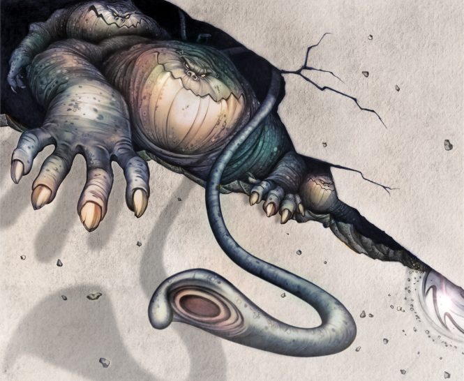 Die Mutanten Ein groteskes Wesen mit reptilienartigen Merkmalen, das aus einem Riss in der Wand kommt.