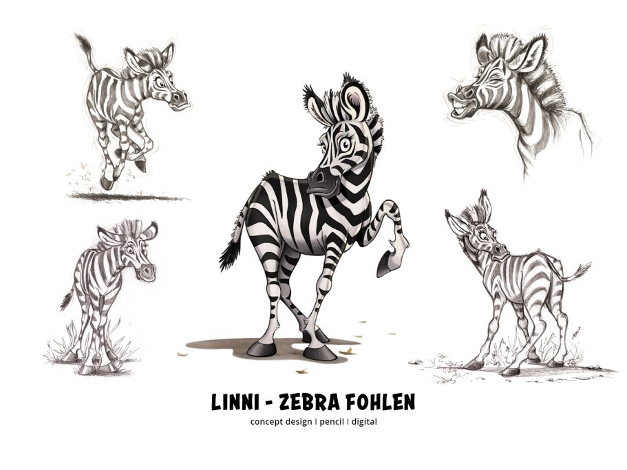 LINNI Zebra I GEHE Pharma Verschiedene cartoonhafte Zeichnungen eines Zebras und eines Fohlens.