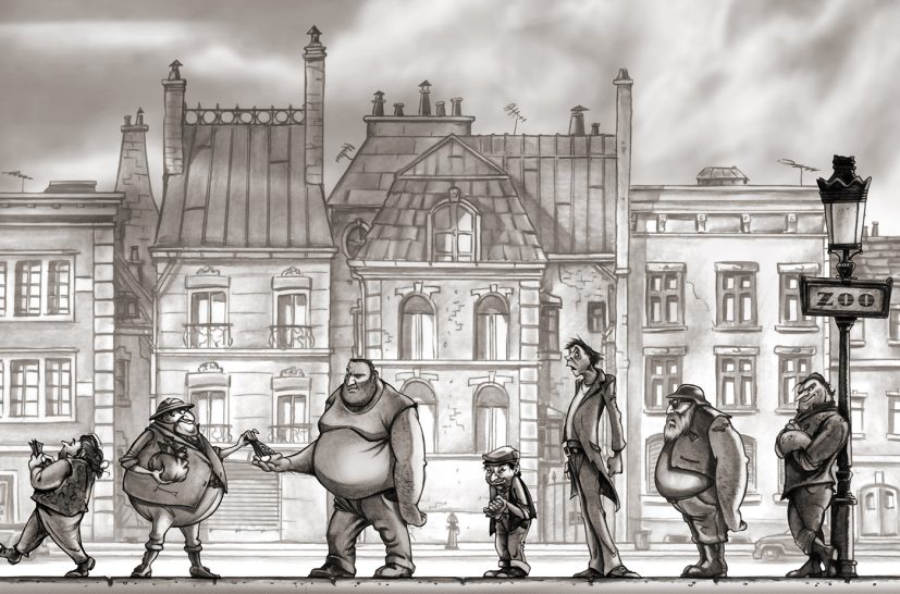 Angeheuert Eine Gruppe von Menschen in urbaner Umgebung, teils plump, teils schlank, bei einem Spaziergang.