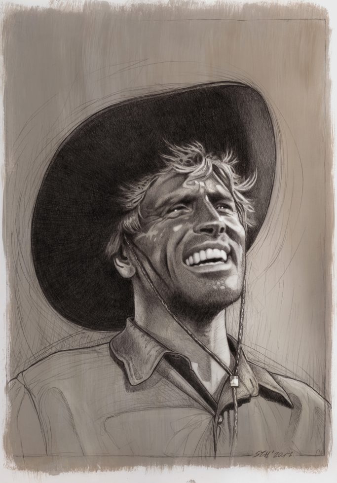 Burt Lancaster - 2017, pencil, acrylic, digital Lächelnder Mann mit Strohhut und Hemd, skizzenhaft dargestellt.