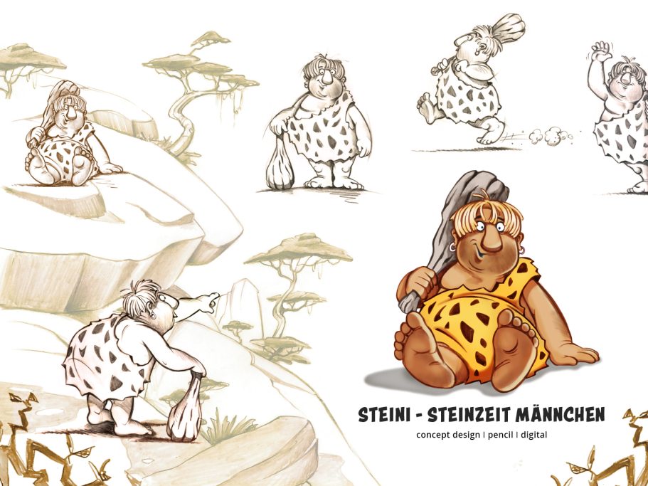 STEINI I Stone Art Prähistorische Figur mit Steinen und Holz, umgeben von felsiger Landschaft und Bäumen.