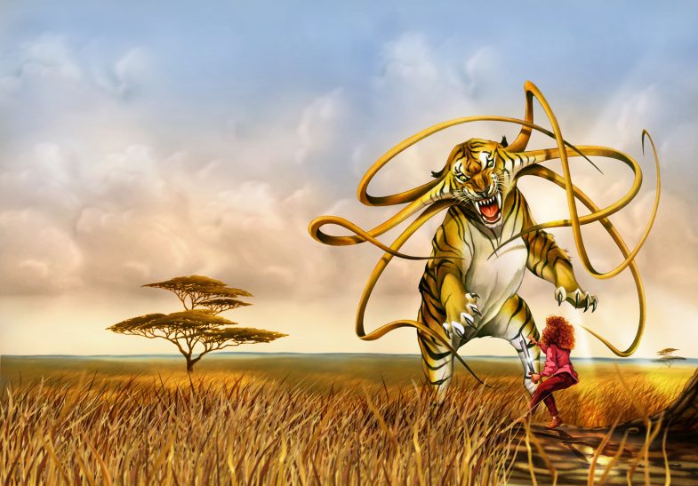 Ein geheimnisvolles Spiel / Band 2 Ein Mädchen steht vor einem großem Tiger, umgeben von einer afrikanischen Savanne.