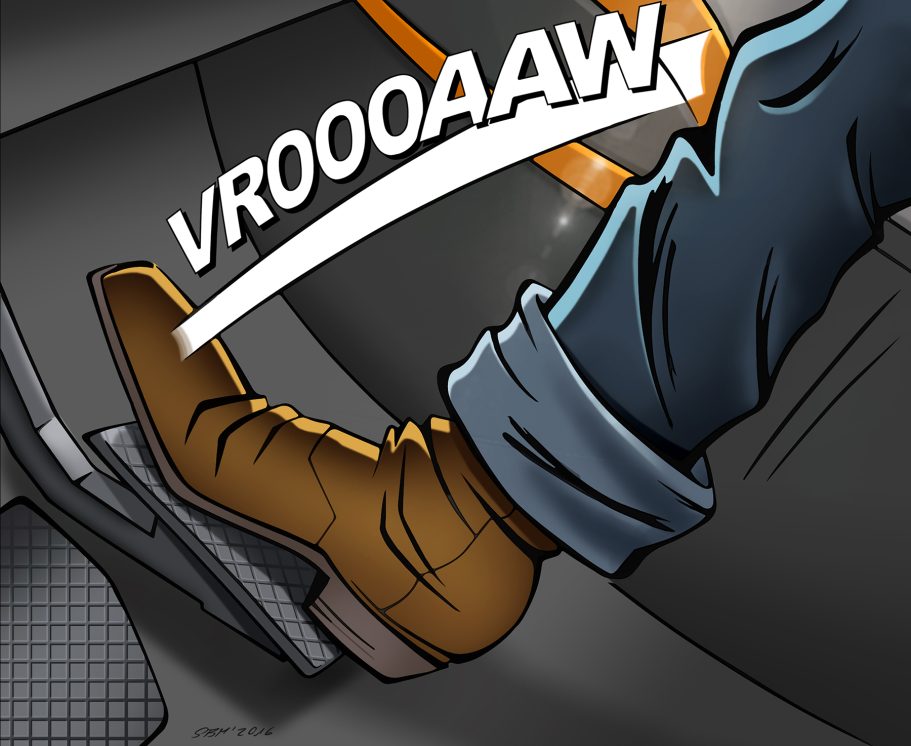 Ein Stiefel drückt auf das Gaspedal, mit dem Geräusch "VROOOAAW".