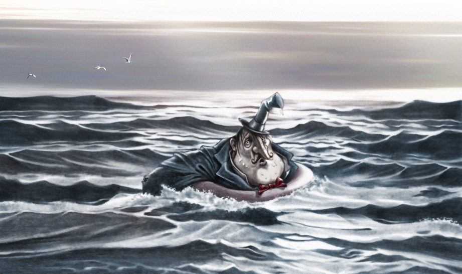 Bürgermeister in Seenot Ein Wal springt aus den Wellen, umgeben von turbulentem Wasser und einem bewölkten Himmel.