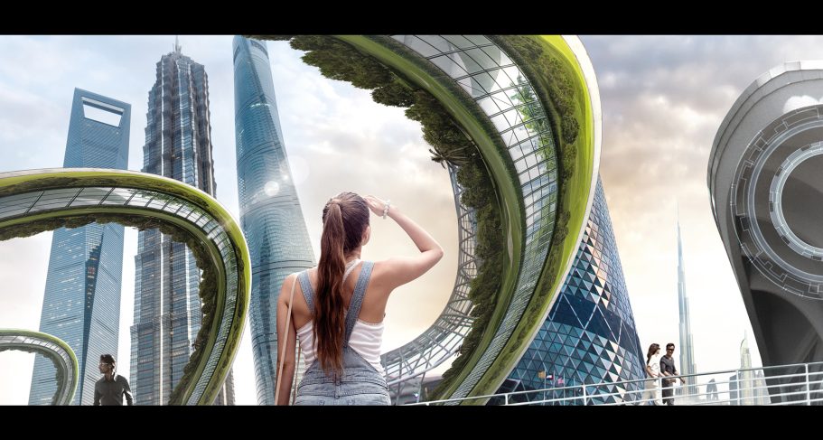 Futuristische Stadtansicht mit grünen Bauten und einer Frau im Vordergrund.