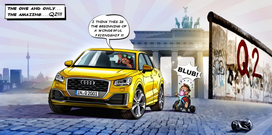 Gelbes Auto vor dem Brandenburger Tor, Kind fährt motorisierten Roller.