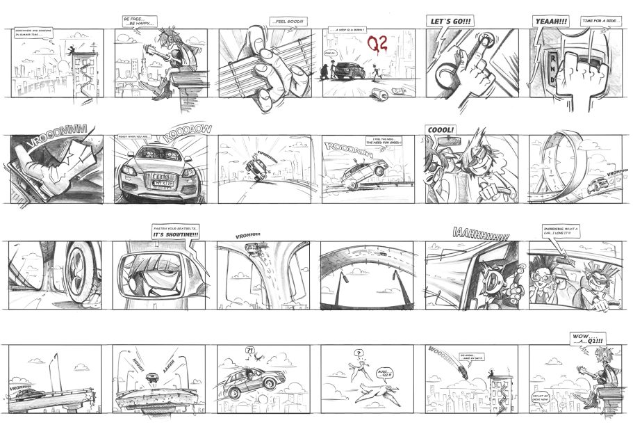 Comic-Strip mit mehreren Sequenzen, die eine spannende Verfolgungsjagd darstellen.