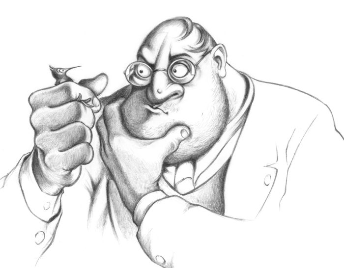 Gefangen Ein nachdenklicher männlicher Charakter mit Brille und Anzug, der eine Feder hält.