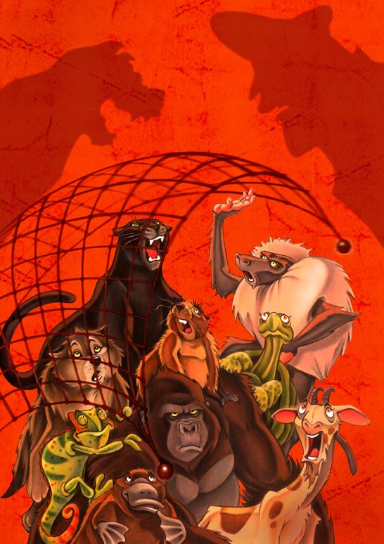 In der Falle / Band 5 Gruppierung von Tieren, darunter Affen, Löwen und eine Schildkröte, vor rotem Hintergrund.