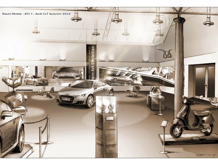 Futuristische Autoausstellung mit verschiedenen Fahrzeugen und stilvollem Design.