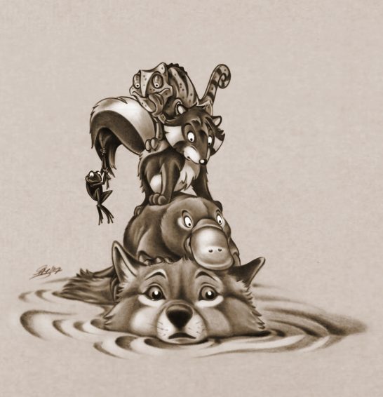 Im Treibsand Eine humorvolle Darstellung eines Wolfes, der im Wasser schwimmt, mit einem Nilpferd und einem Charakter.