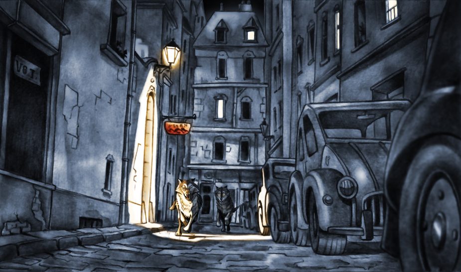 Wölfe in der Stadt Düstere Gasse mit historischen Gebäuden, schwach beleuchtet, und einer Person im Vordergrund.