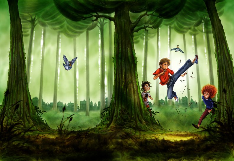 Der Unsichtbare im Wald / Band1 Drei Kinder spielen in einem verwunschenen Wald, umgeben von Bäumen und Vögeln.