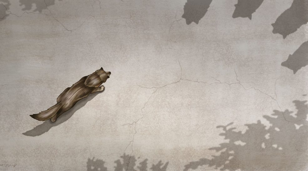 Unter Wölfen Ein Wolf läuft über eine graue, schattenhafte Landschaft.