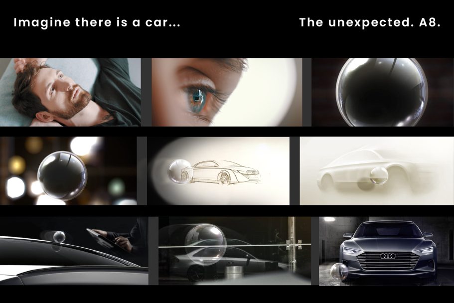 Ein Collage, die verschiedene Perspektiven und Konzepte eines futuristischen Autos zeigt.