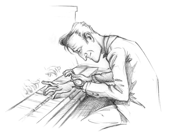 Der Vater spielt Klavier Mann spielt konzentriert Klavier, Hände über den Tasten.