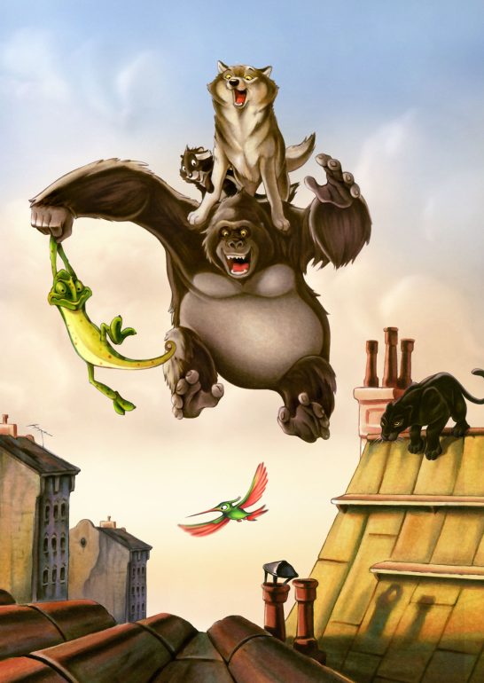 Über den Dächern bei Tag Ein Gorilla springt von einem Dach, begleitet von einer Katze, einem Gecko und einem Vogel.