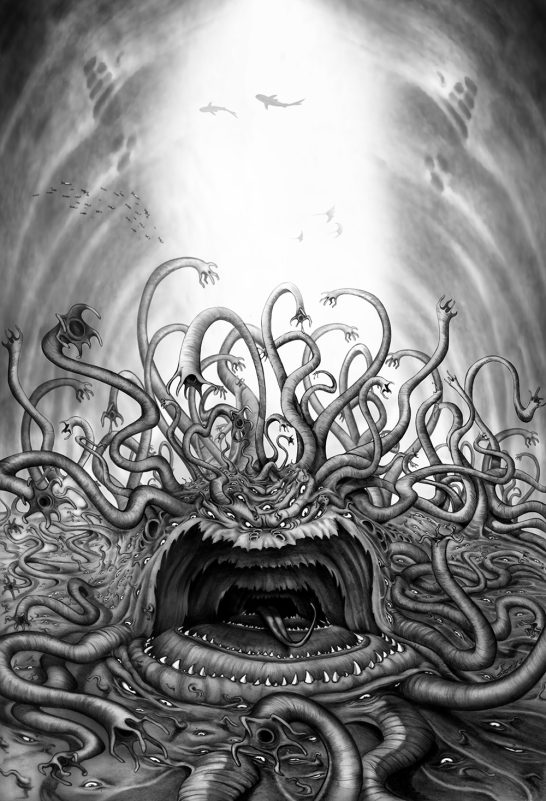 Der Leviathan Eine dunkle, fratzenhafte Kreatur mit tentakelartigen Armen in einer höhlenartigen Umgebung.